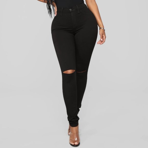 Black High Waist Slit Knee Stretch Jeans - Picture 3 of 5